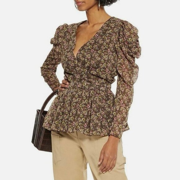 NWOT Walter Baker Rita Floral Wrap Peplum Top Brown Pink Green Size Large - Picture 1 of 12